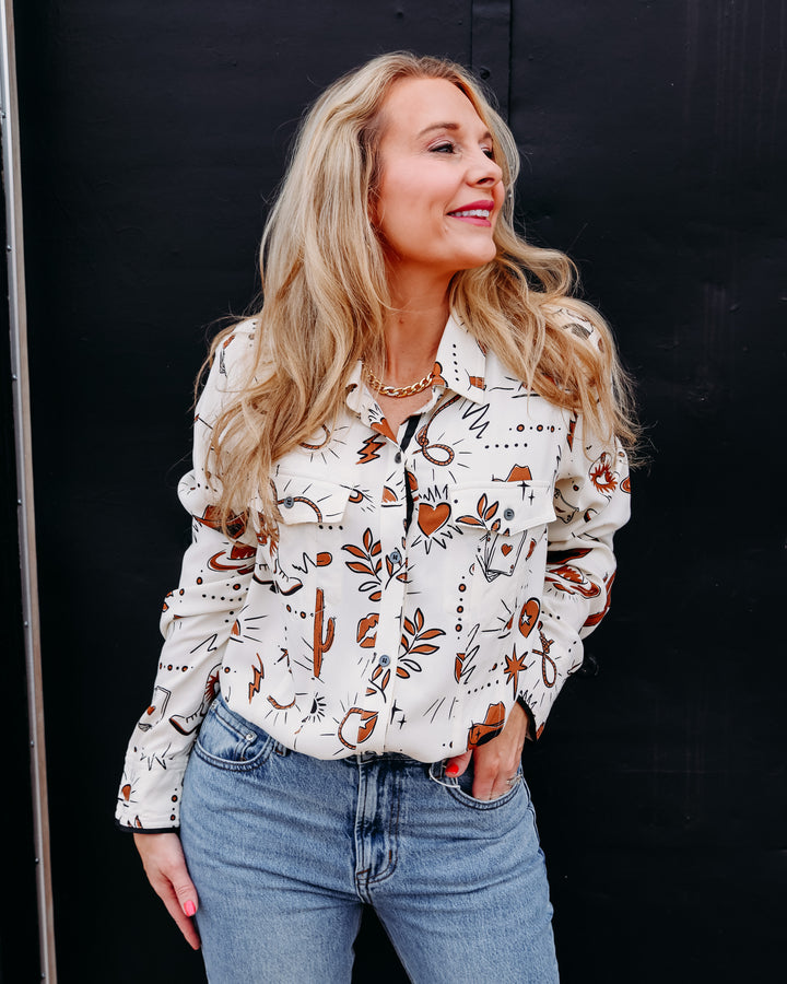 Tru Luxe: Western Print Button Up Shirt  in Multi (T36355BM)