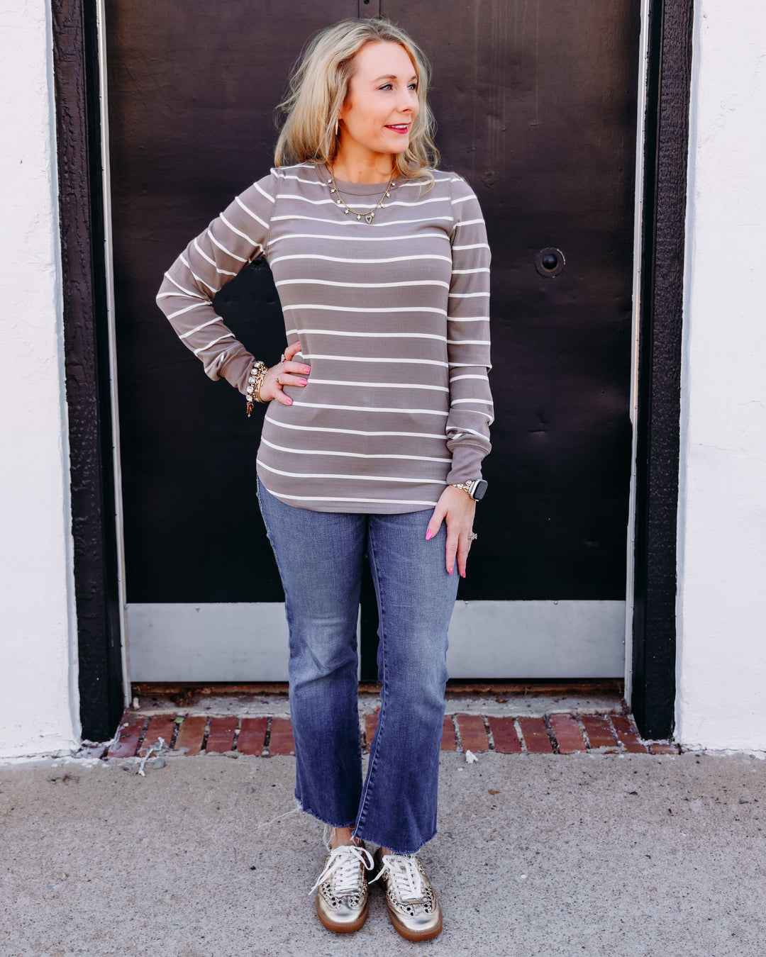Thread: Stacy Long Sleeve Top in Taupe White