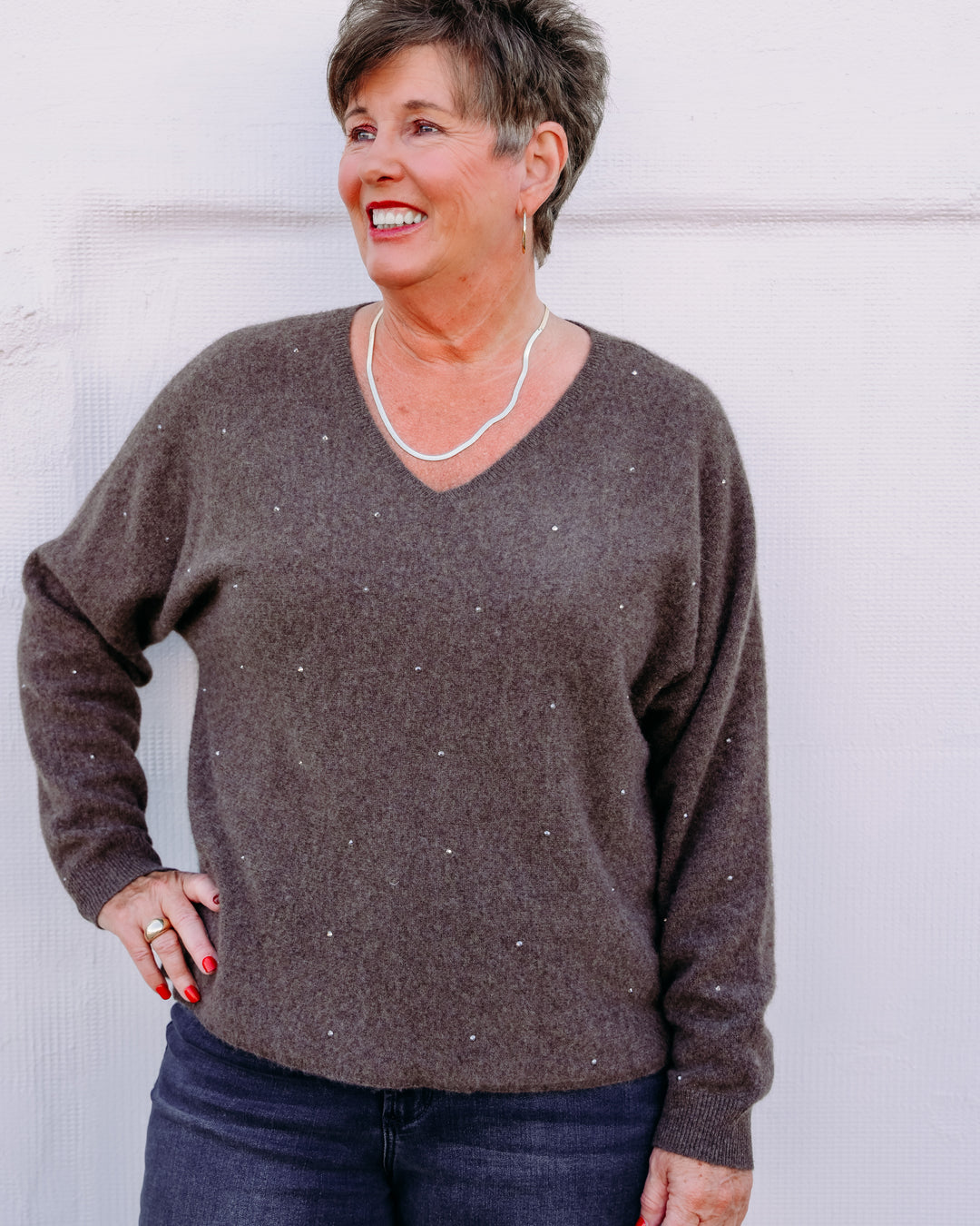 Joseph Ribkoff: Cashmere Boxy Sweater With Rhinestone Detail in Dark Taupe Melange (263940)