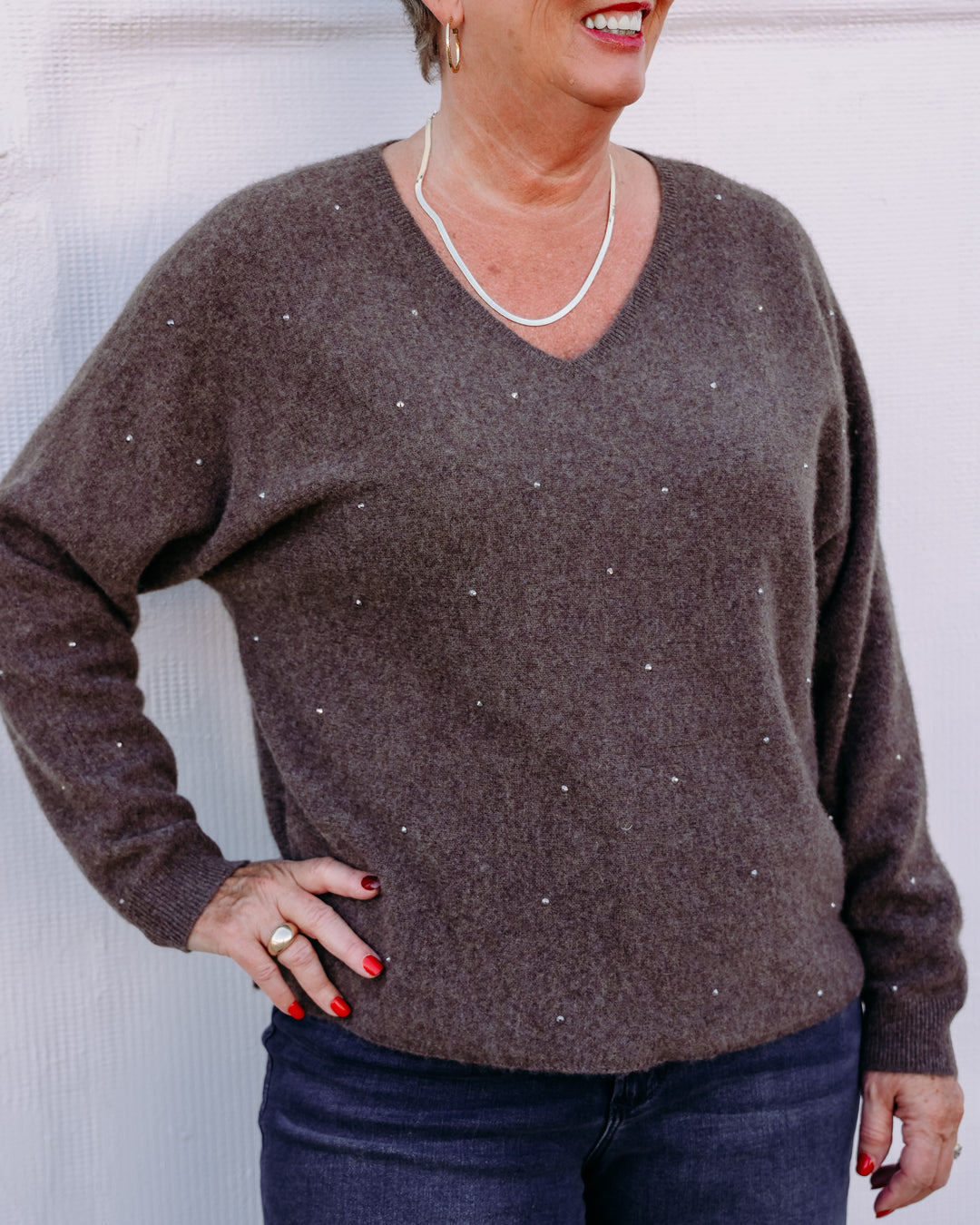 Joseph Ribkoff: Cashmere Boxy Sweater With Rhinestone Detail in Dark Taupe Melange (263940)