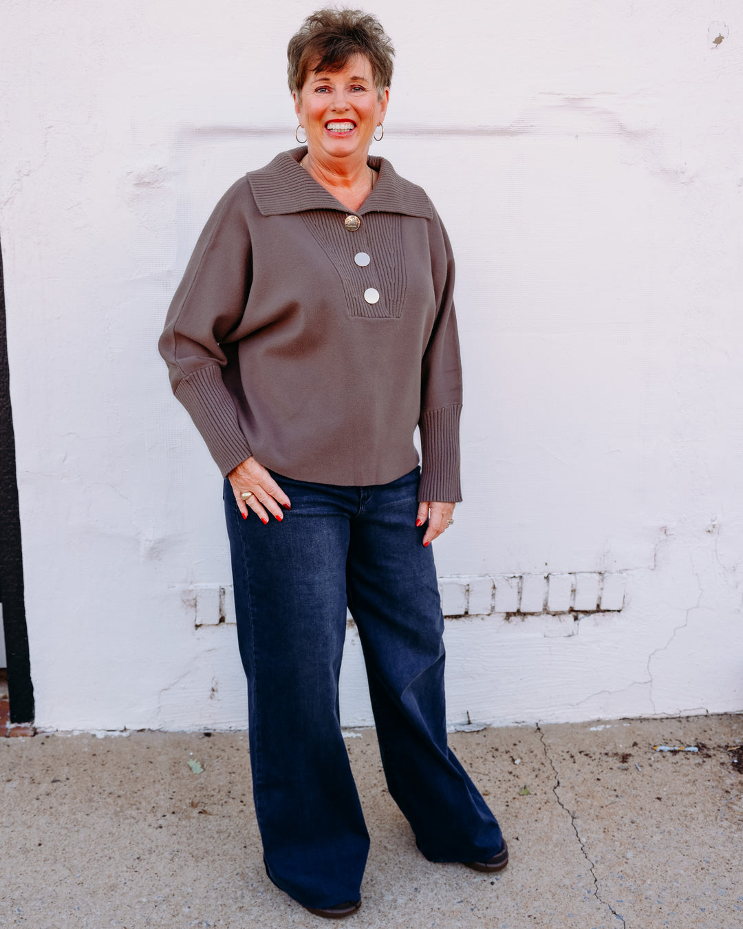 Joseph Ribkoff: Brushed Viscose And Nylon Shawl-Neck Sweater in Mink (263938)