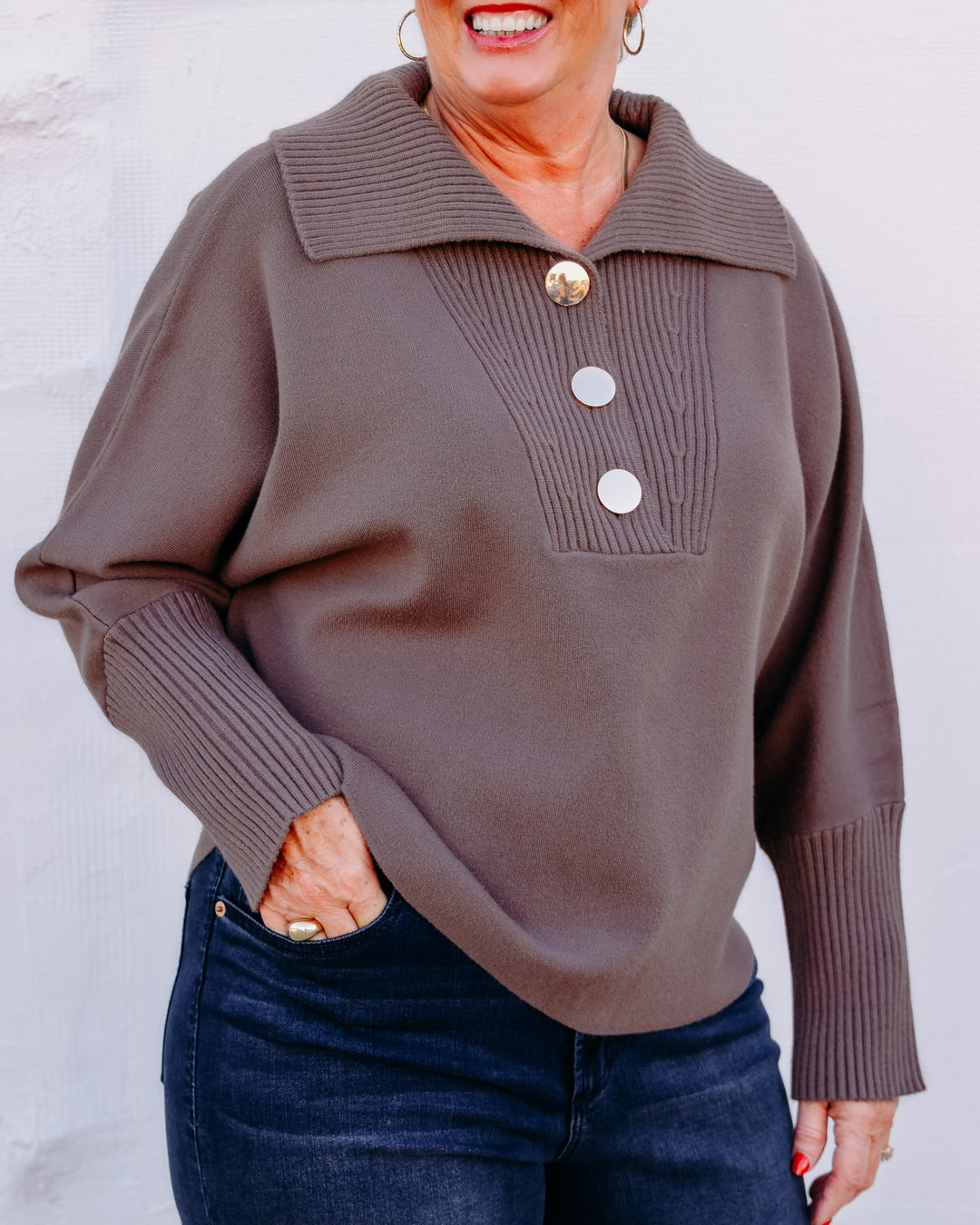 Joseph Ribkoff: Brushed Viscose And Nylon Shawl-Neck Sweater in Mink (263938)
