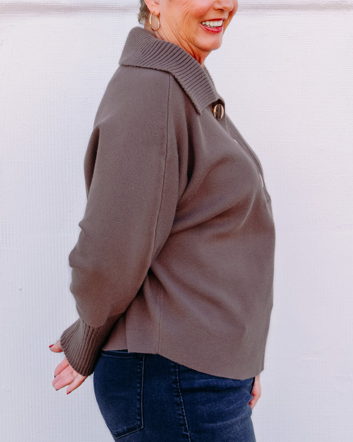 Joseph Ribkoff: Brushed Viscose And Nylon Shawl-Neck Sweater in Mink (263938)