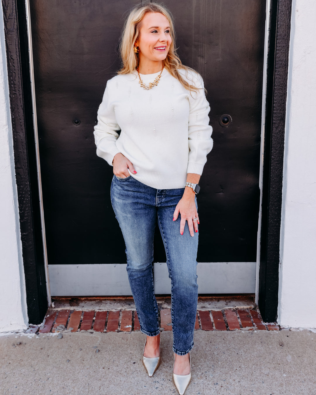 Karen Kane: Pearl Embellished Sweater in Cream (3L89354)