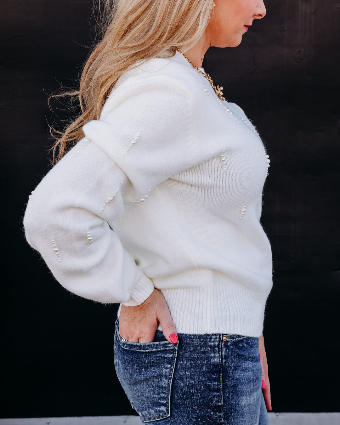 Karen Kane: Pearl Embellished Sweater in Cream (3L89354)