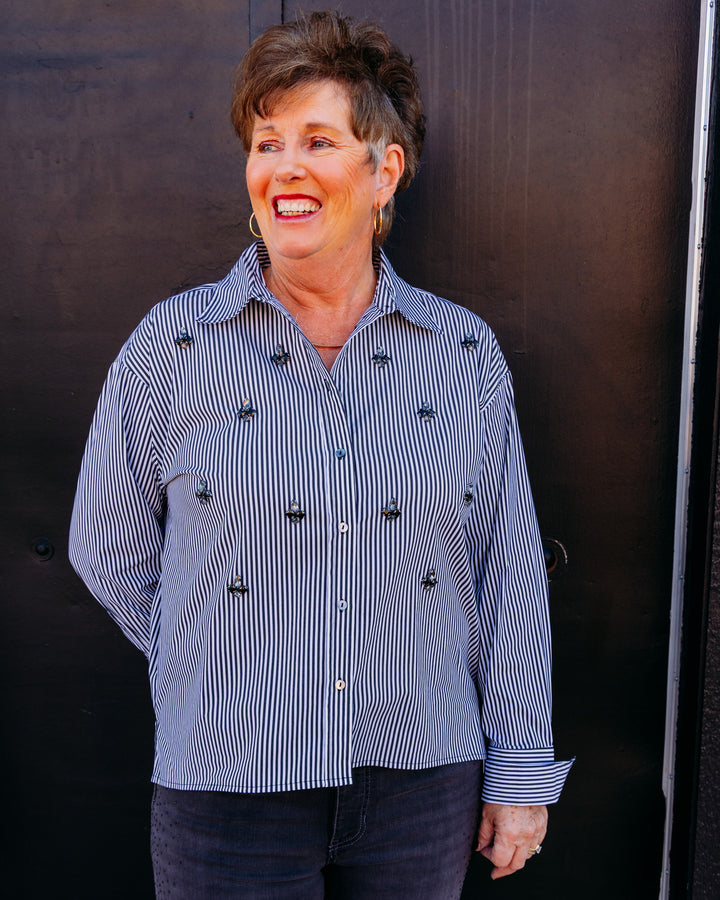 Liverpool: Long Sleeve Button Front Woven Shirt With Embellishment in Black and White Stripe (LM8L51G52)