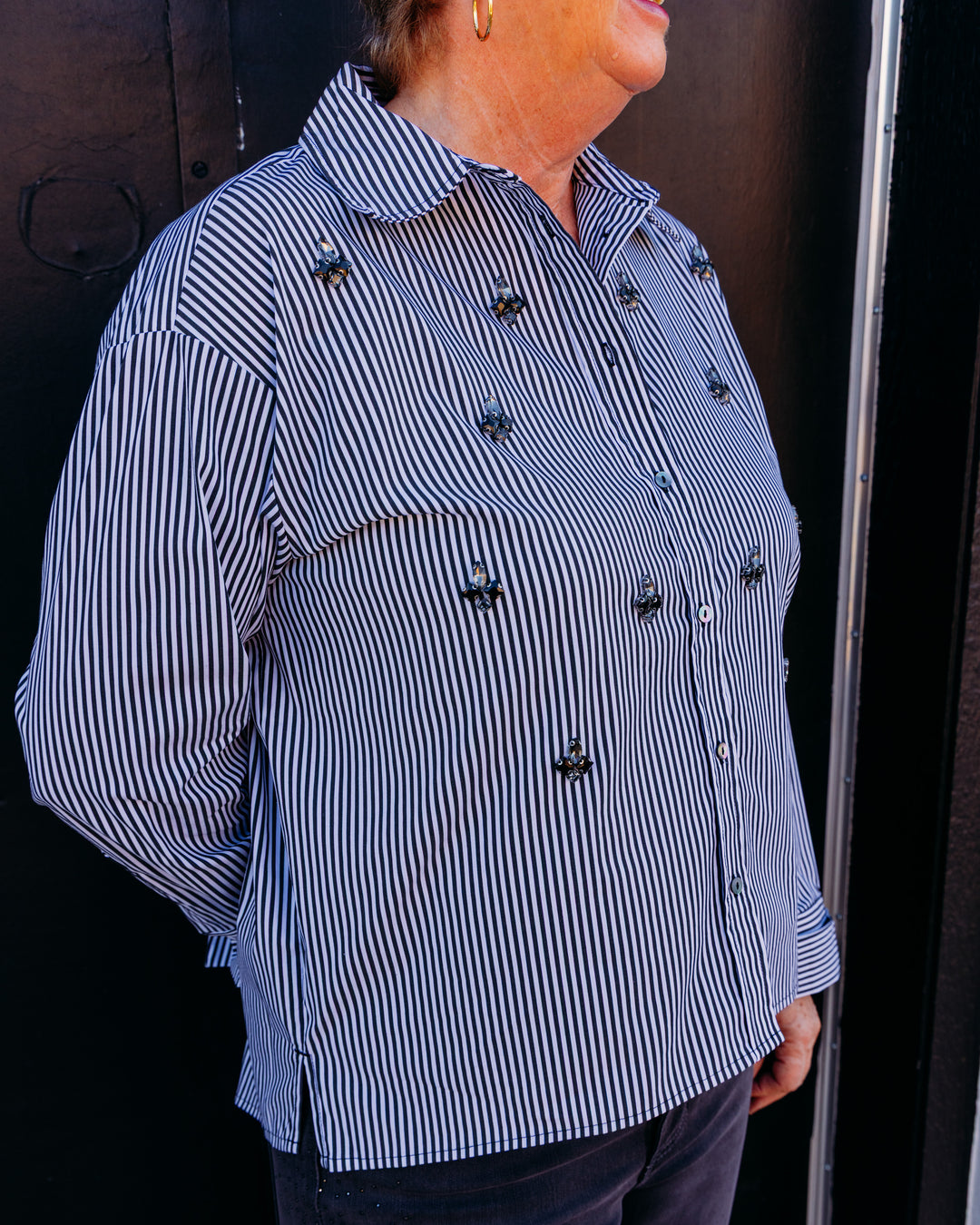Liverpool: Long Sleeve Button Front Woven Shirt With Embellishment in Black and White Stripe (LM8L51G52)