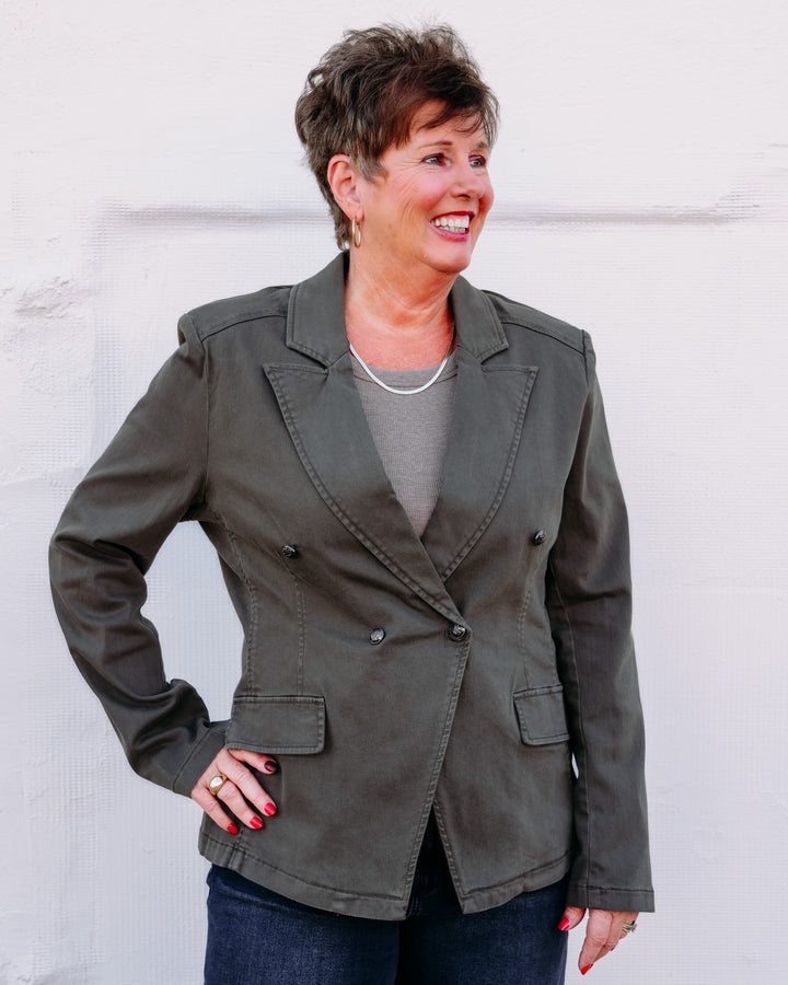 Joseph Ribkoff: Featherweave Denim Double-Breasted Blazer in Avocado (263921)