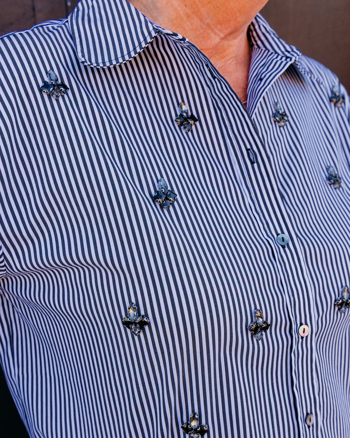 Liverpool: Long Sleeve Button Front Woven Shirt With Embellishment in Black and White Stripe (LM8L51G52)