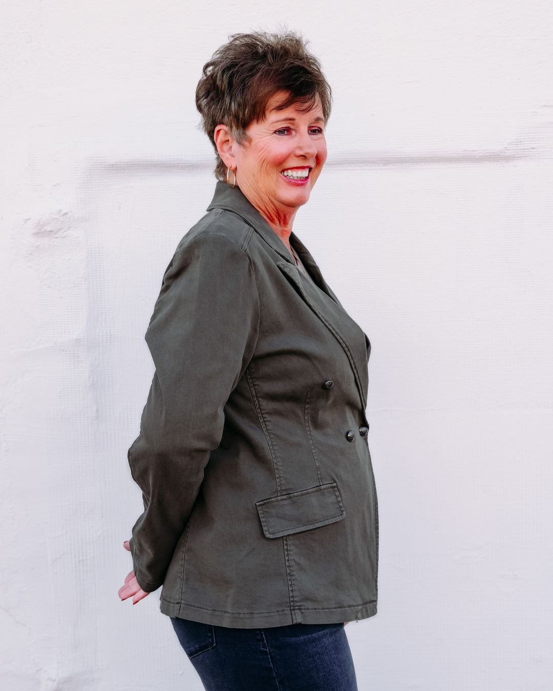 Joseph Ribkoff: Featherweave Denim Double-Breasted Blazer in Avocado (263921)