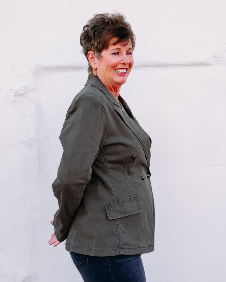Joseph Ribkoff: Featherweave Denim Double-Breasted Blazer in Avocado (263921)