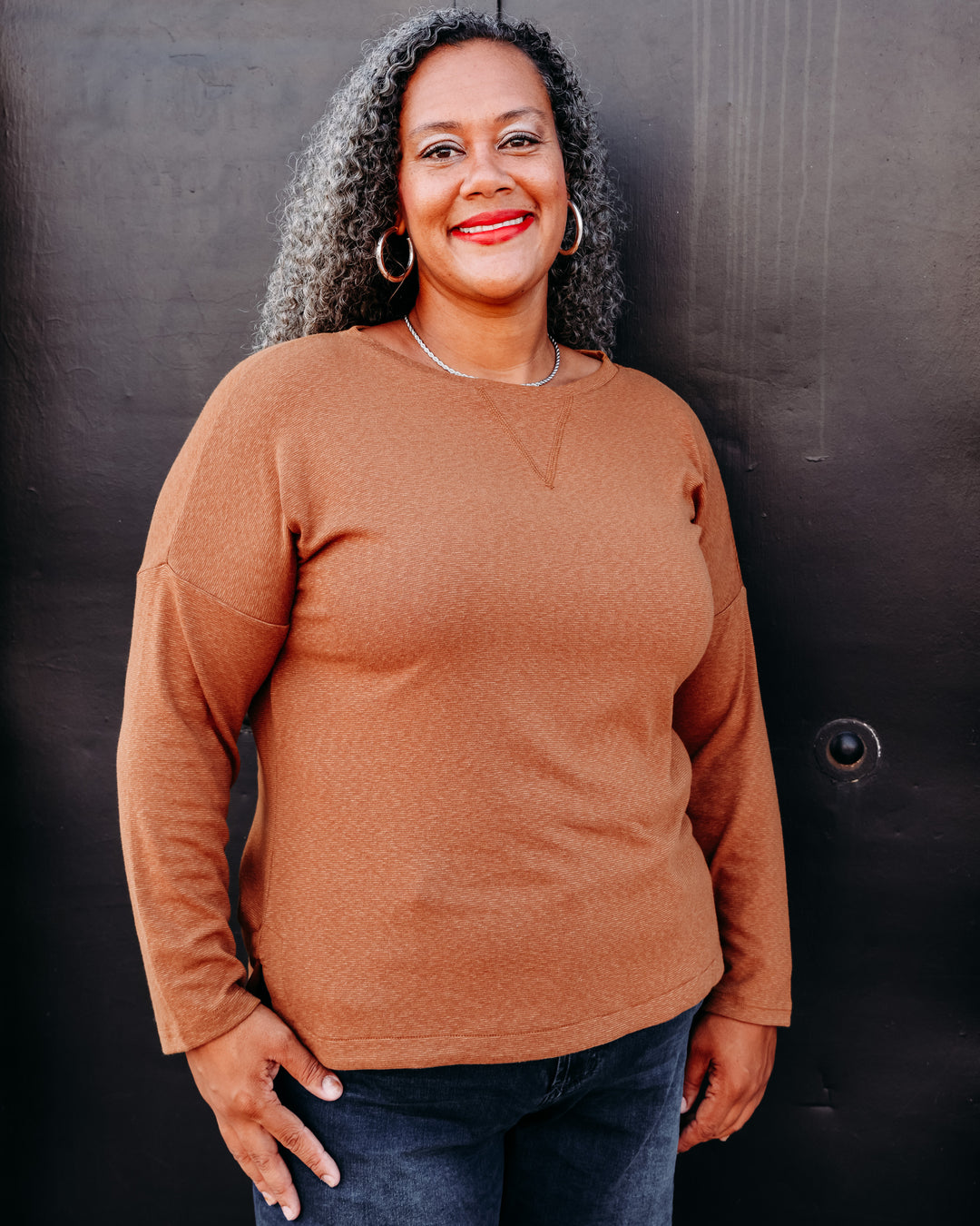 Tru Luxe: Rib Knit Long Sleeve Top in Brown (T36350TM)