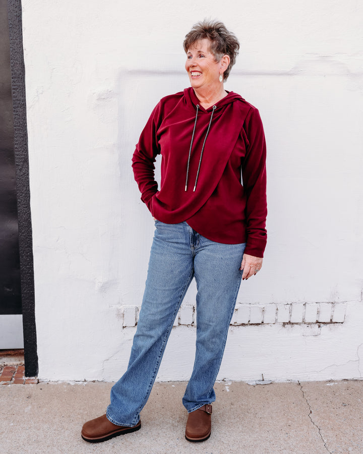 Karen Kane: Rhinestone Crossover Hoodie in Wine (3L40203)