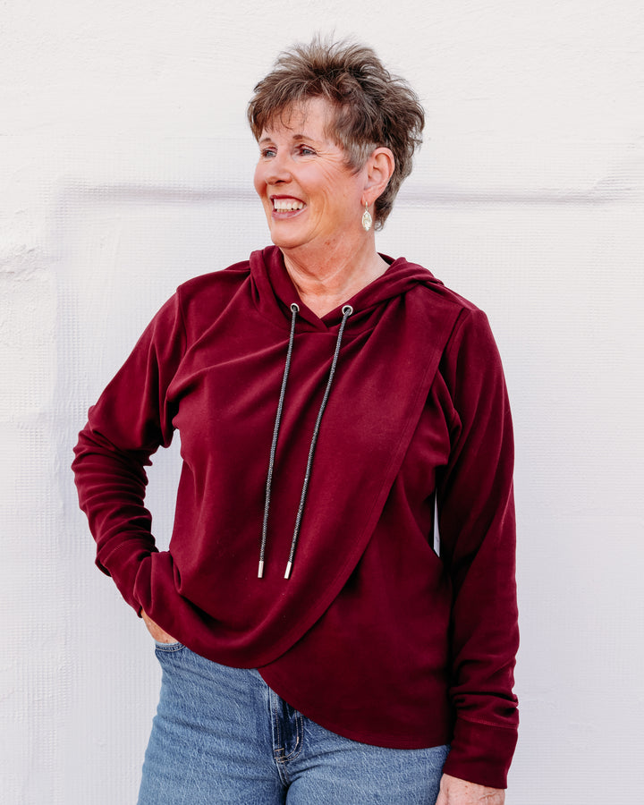 Karen Kane: Rhinestone Crossover Hoodie in Wine (3L40203)