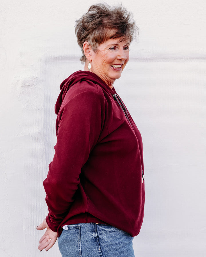 Karen Kane: Rhinestone Crossover Hoodie in Wine (3L40203)