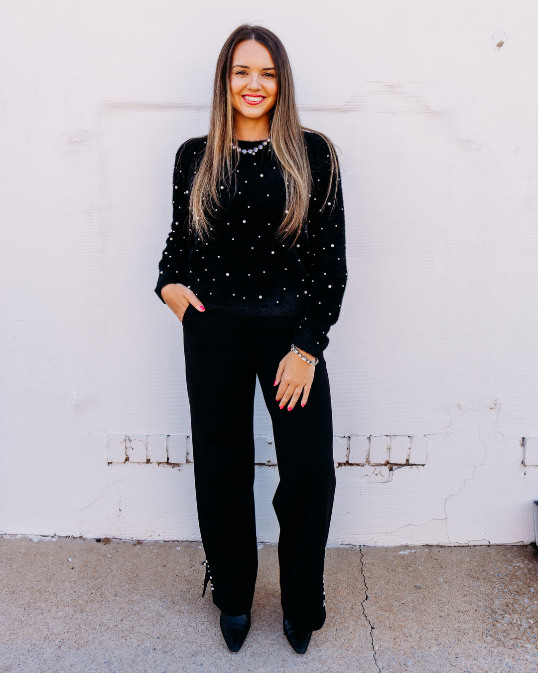 Liverpool: Kayla Pullon Wide Leg Trouser With Pearl Trim -30" in Black (LM7B83M44)