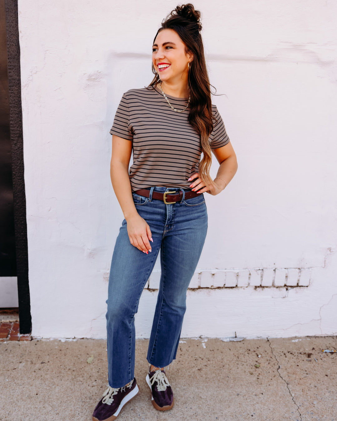 Thread & Supply: Annie Short Sleeve Shirt in Latte Black Stripe