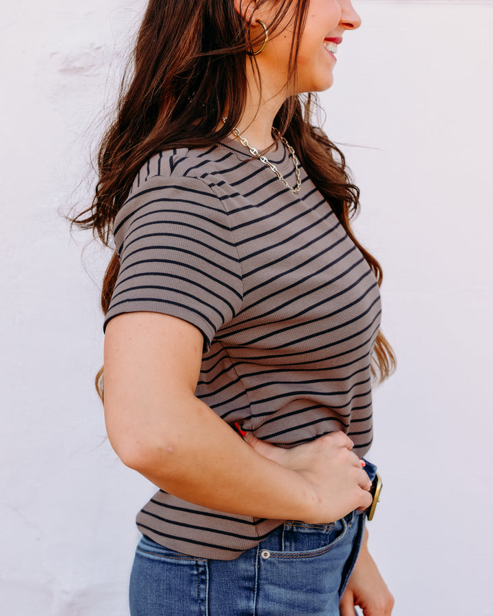 Thread & Supply: Annie Short Sleeve Shirt in Latte Black Stripe