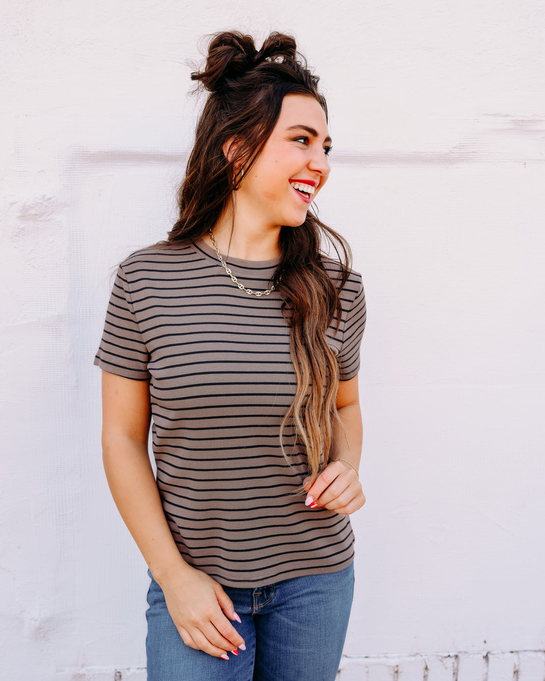 Thread & Supply: Annie Short Sleeve Shirt in Latte Black Stripe