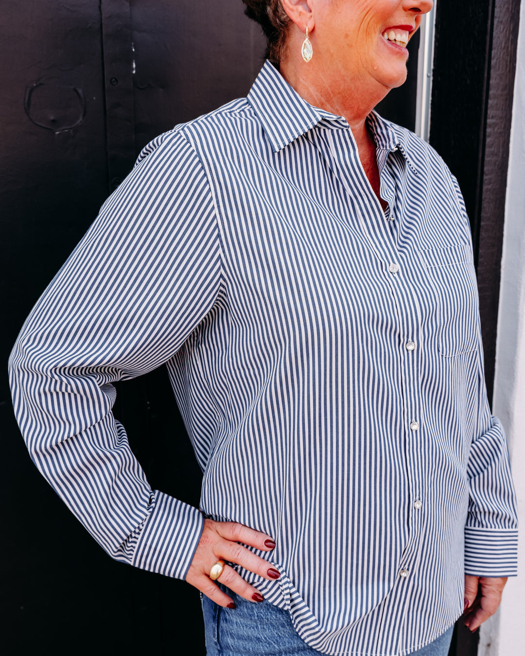 Karen Kane: Stripe Button Up Shirt in Blue W/Off White (3L70222)