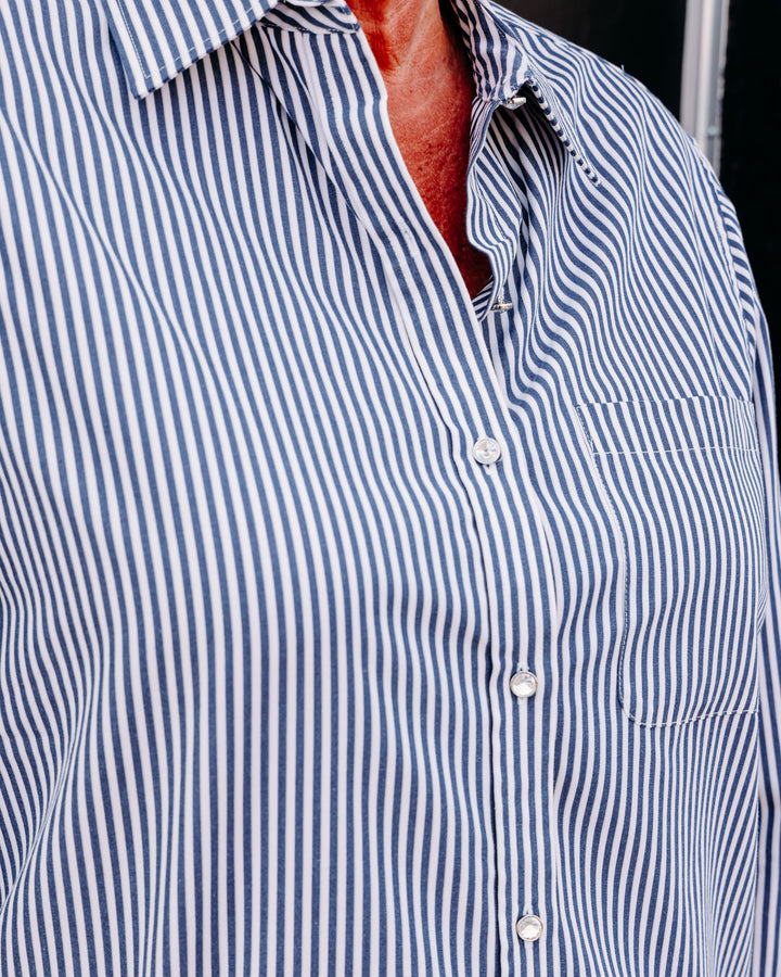 Karen Kane: Stripe Button Up Shirt in Blue W/Off White (3L70222)