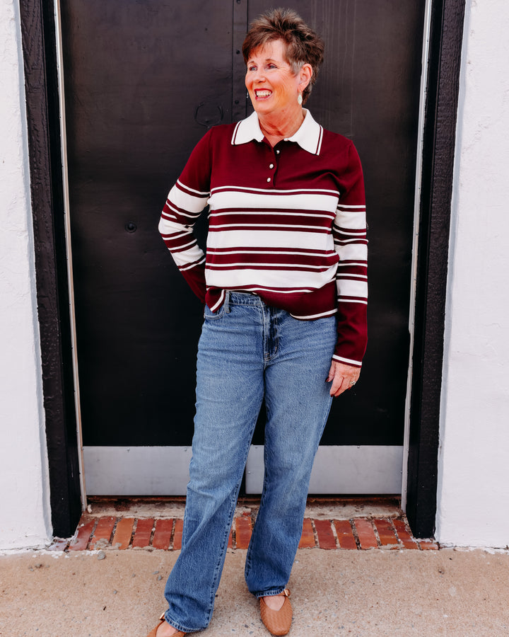 Karen Kane: Game Day Stripe Sweater in Wine W/Cream (3L89358)