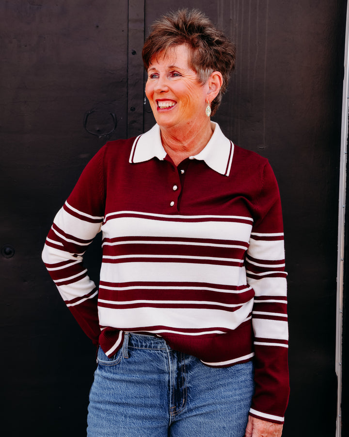 Karen Kane: Game Day Stripe Sweater in Wine W/Cream (3L89358)