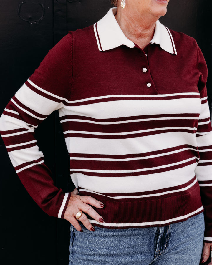 Karen Kane: Game Day Stripe Sweater in Wine W/Cream (3L89358)