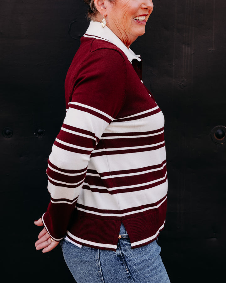 Karen Kane: Game Day Stripe Sweater in Wine W/Cream (3L89358)