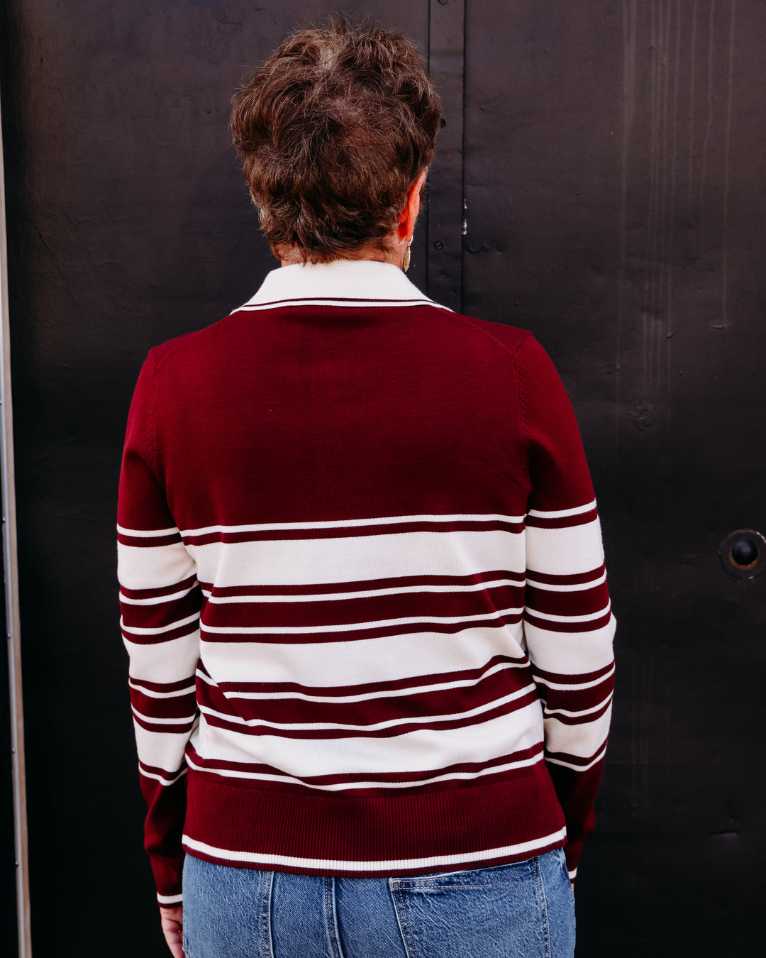 Karen Kane: Game Day Stripe Sweater in Wine W/Cream (3L89358)
