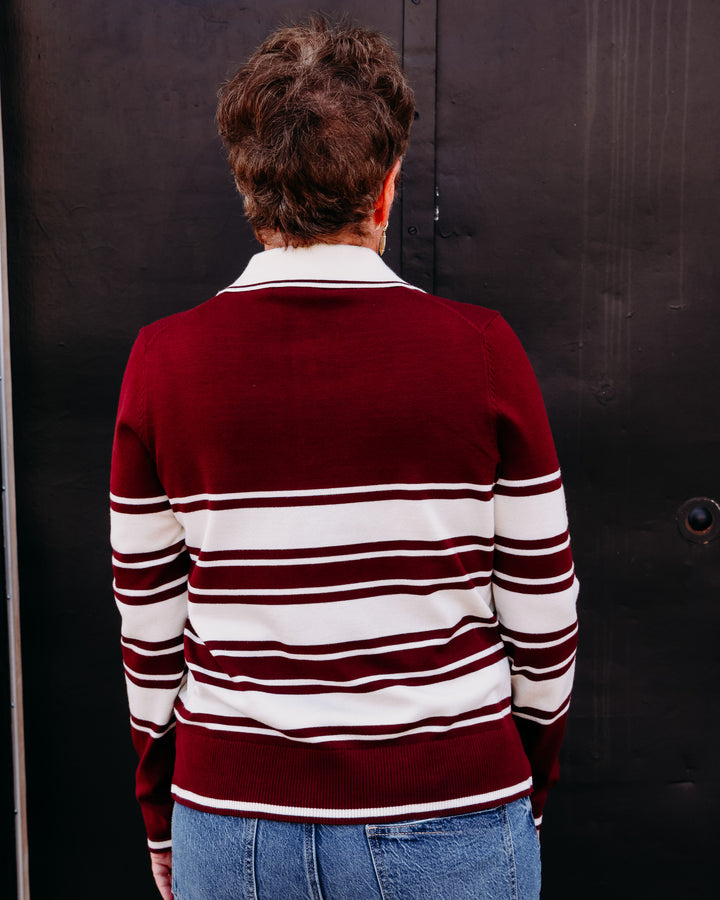 Karen Kane: Game Day Stripe Sweater in Wine W/Cream (3L89358)