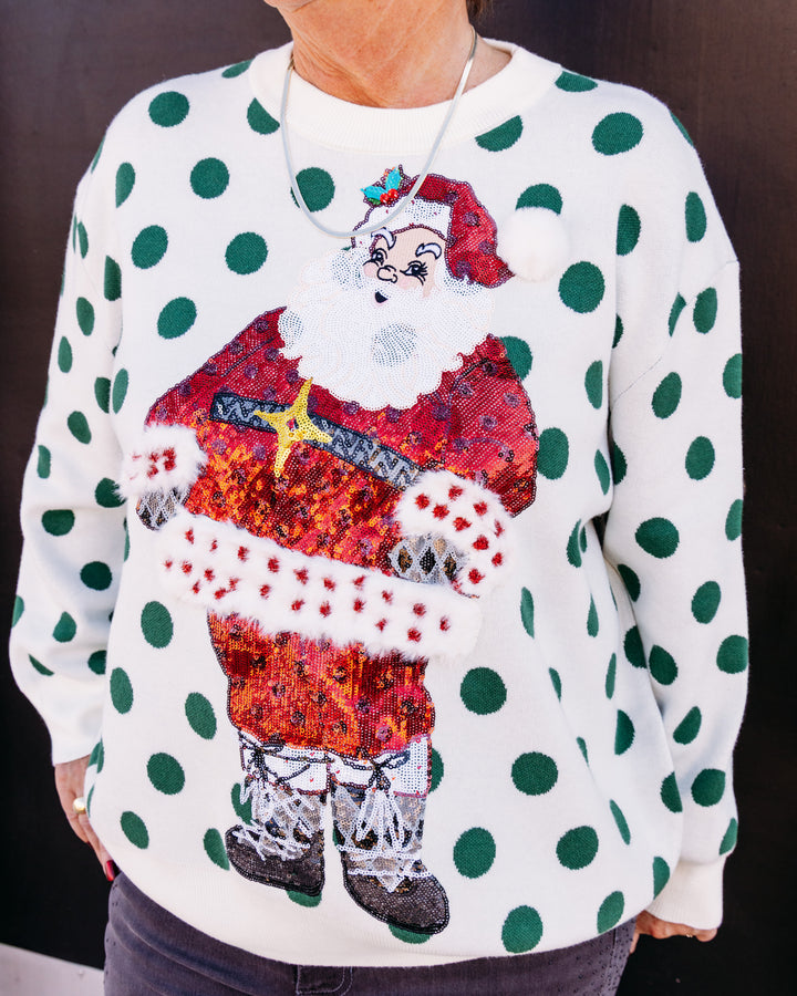 Queen of Sparkles: White & Green Polka Dot Sequin Santa (HOLID26N230)