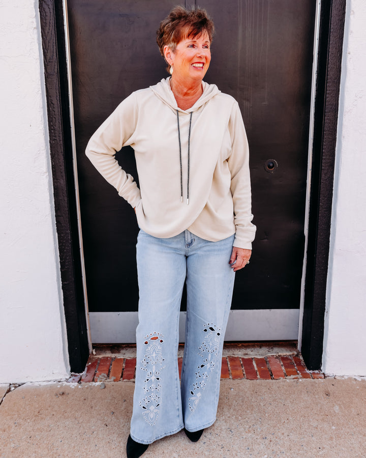 Karen Kane: Rhinestone Crossover Hoodie in Ecru (3L40203)