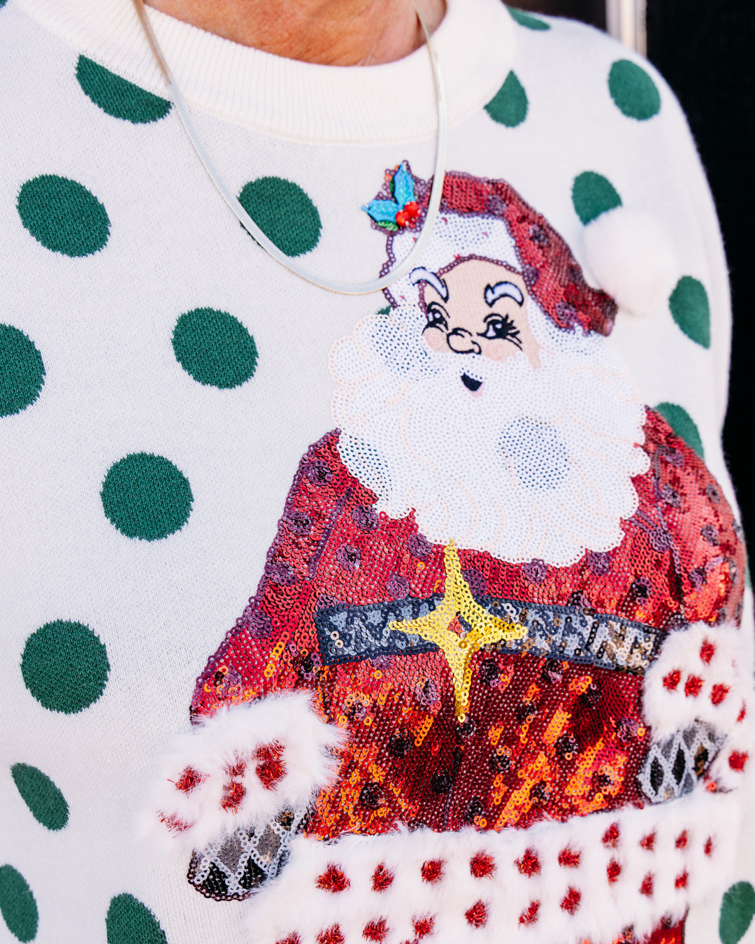 Queen of Sparkles: White & Green Polka Dot Sequin Santa (HOLID26N230)