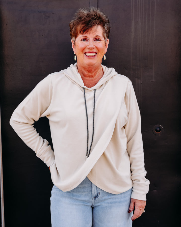 Karen Kane: Rhinestone Crossover Hoodie in Ecru (3L40203)