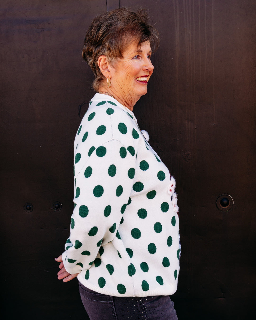Queen of Sparkles: White & Green Polka Dot Sequin Santa (HOLID26N230)