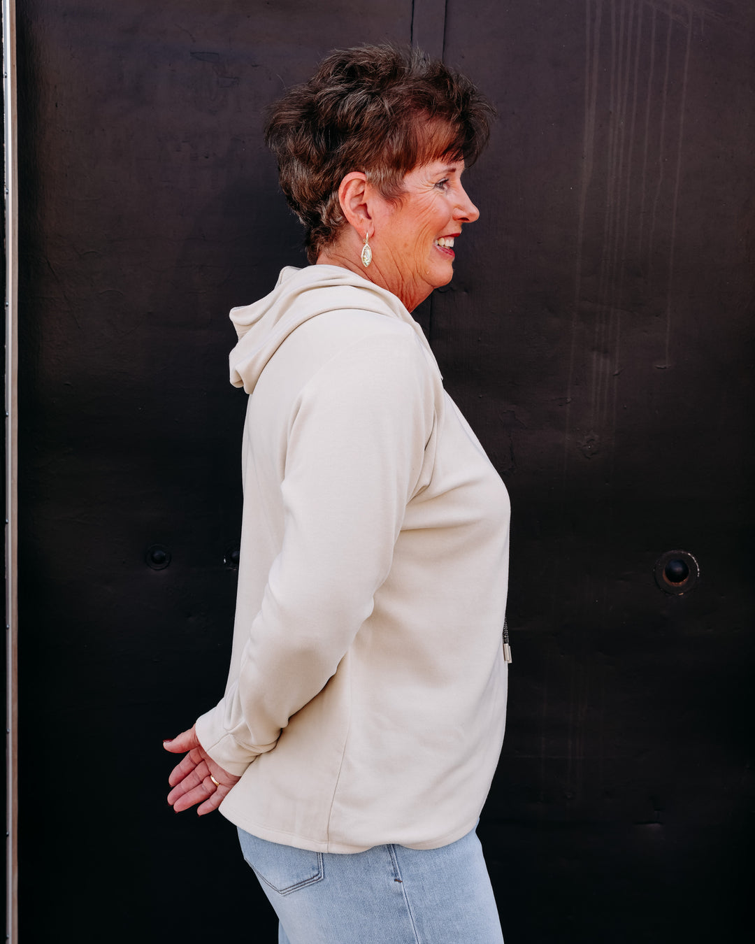 Karen Kane: Rhinestone Crossover Hoodie in Ecru (3L40203)
