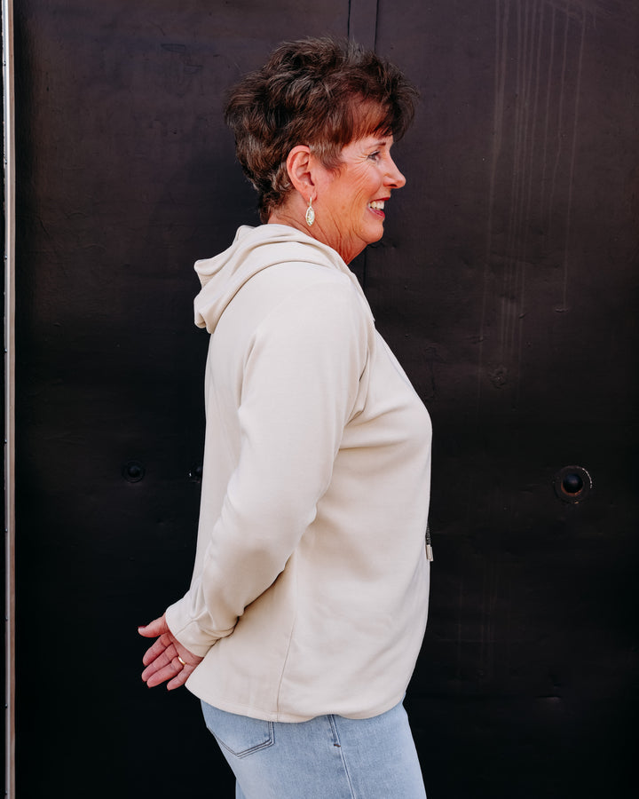 Karen Kane: Rhinestone Crossover Hoodie in Ecru (3L40203)