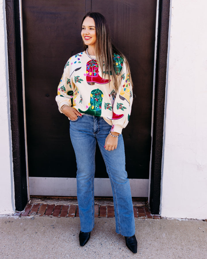 Queen of Sparkles: Beige Multi Christmas Cowboy Boots Sweatshirt (HOLID26N247)