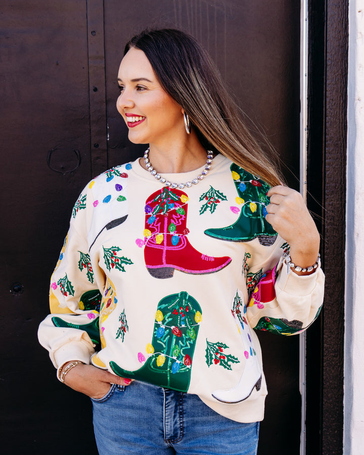 Queen of Sparkles: Beige Multi Christmas Cowboy Boots Sweatshirt (HOLID26N247)