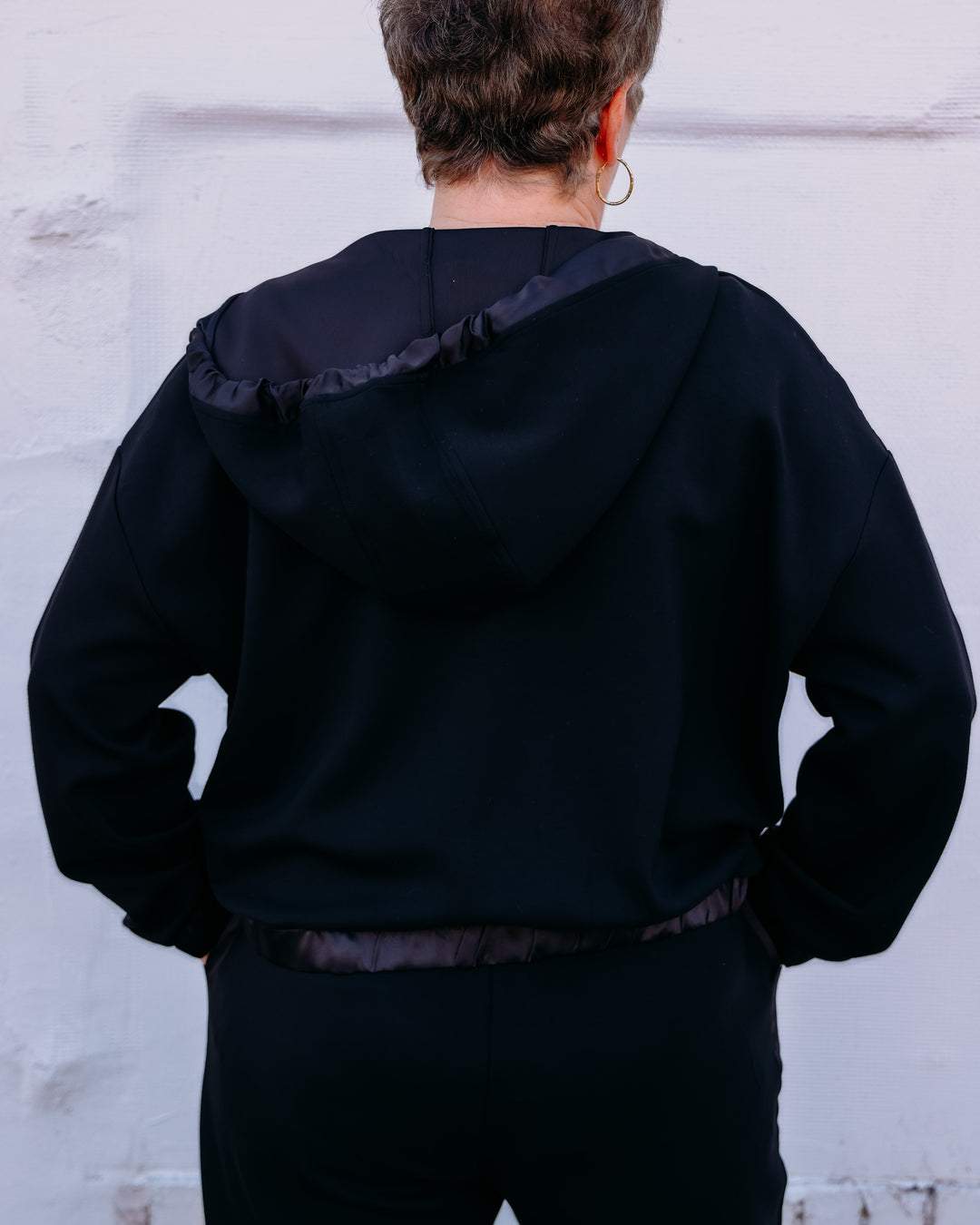 Joseph Ribkoff: Scuba Jersey And Satin Hooded Boxy Jacket in Black (263624)
