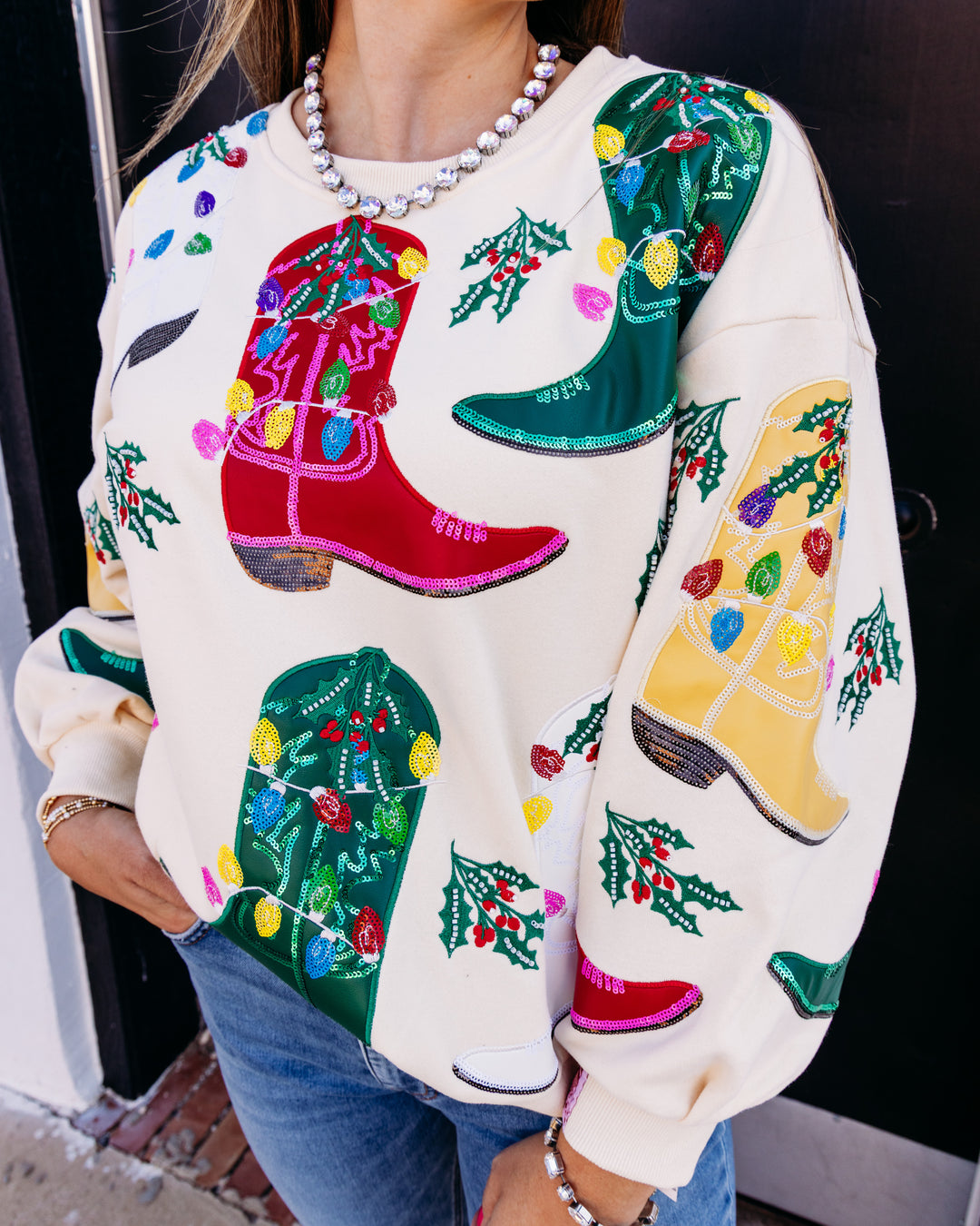 Queen of Sparkles: Beige Multi Christmas Cowboy Boots Sweatshirt (HOLID26N247)