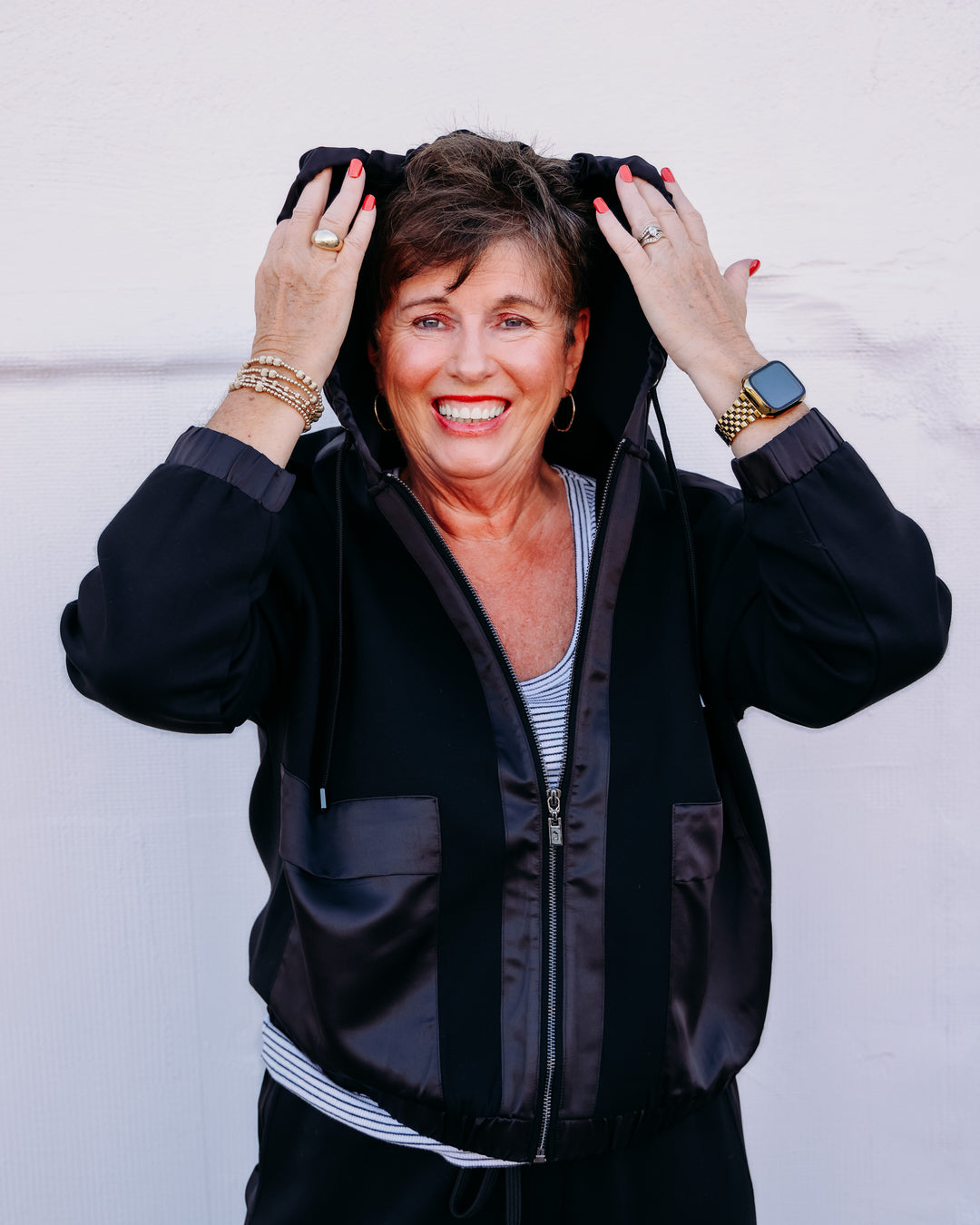 Joseph Ribkoff: Scuba Jersey And Satin Hooded Boxy Jacket in Black (263624)