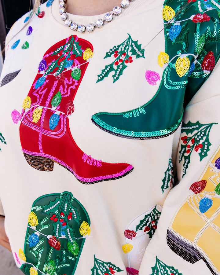 Queen of Sparkles: Beige Multi Christmas Cowboy Boots Sweatshirt (HOLID26N247)