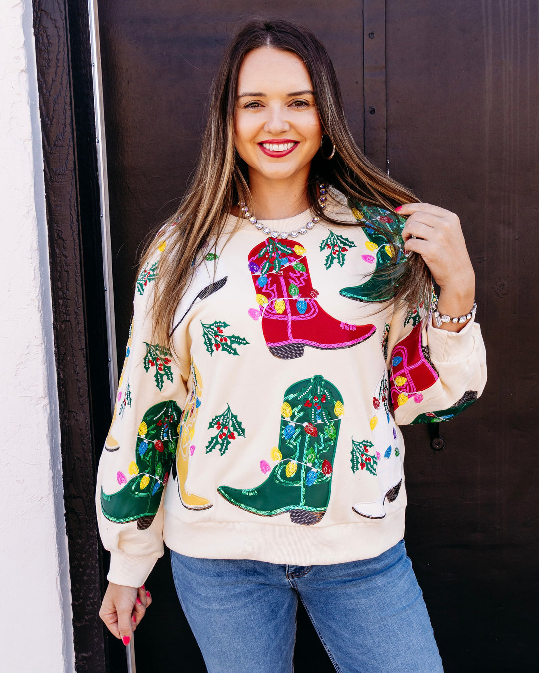 Queen of Sparkles: Beige Multi Christmas Cowboy Boots Sweatshirt (HOLID26N247)
