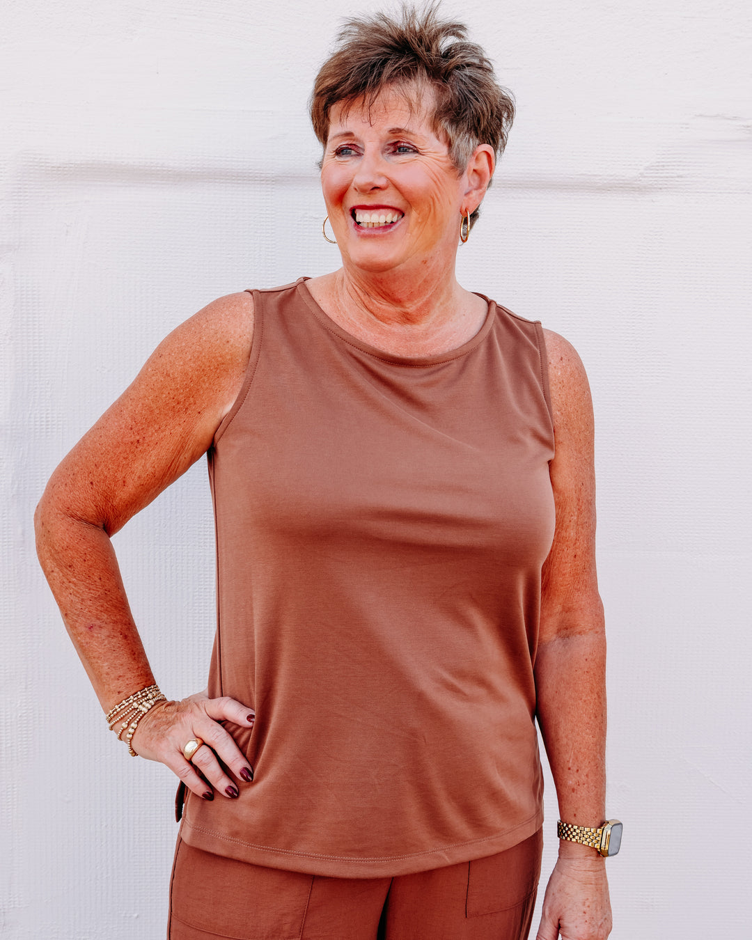 Multiples: High Neck Knit Tank Top in Cocoa (M36101TM)