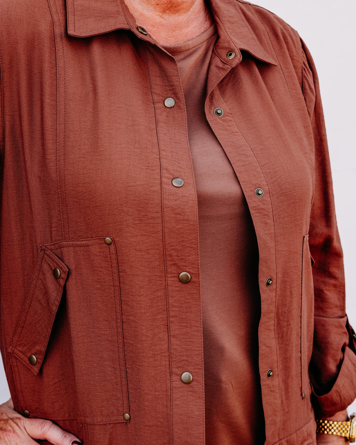 Multiples: D-Ring Roll Tab Long Sleeve Snap Front Drawstring Waist Woven Jacket in Cocoa (M36511JM)