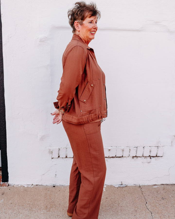 Multiples: D-Ring Roll Tab Long Sleeve Snap Front Drawstring Waist Woven Jacket in Cocoa (M36511JM)