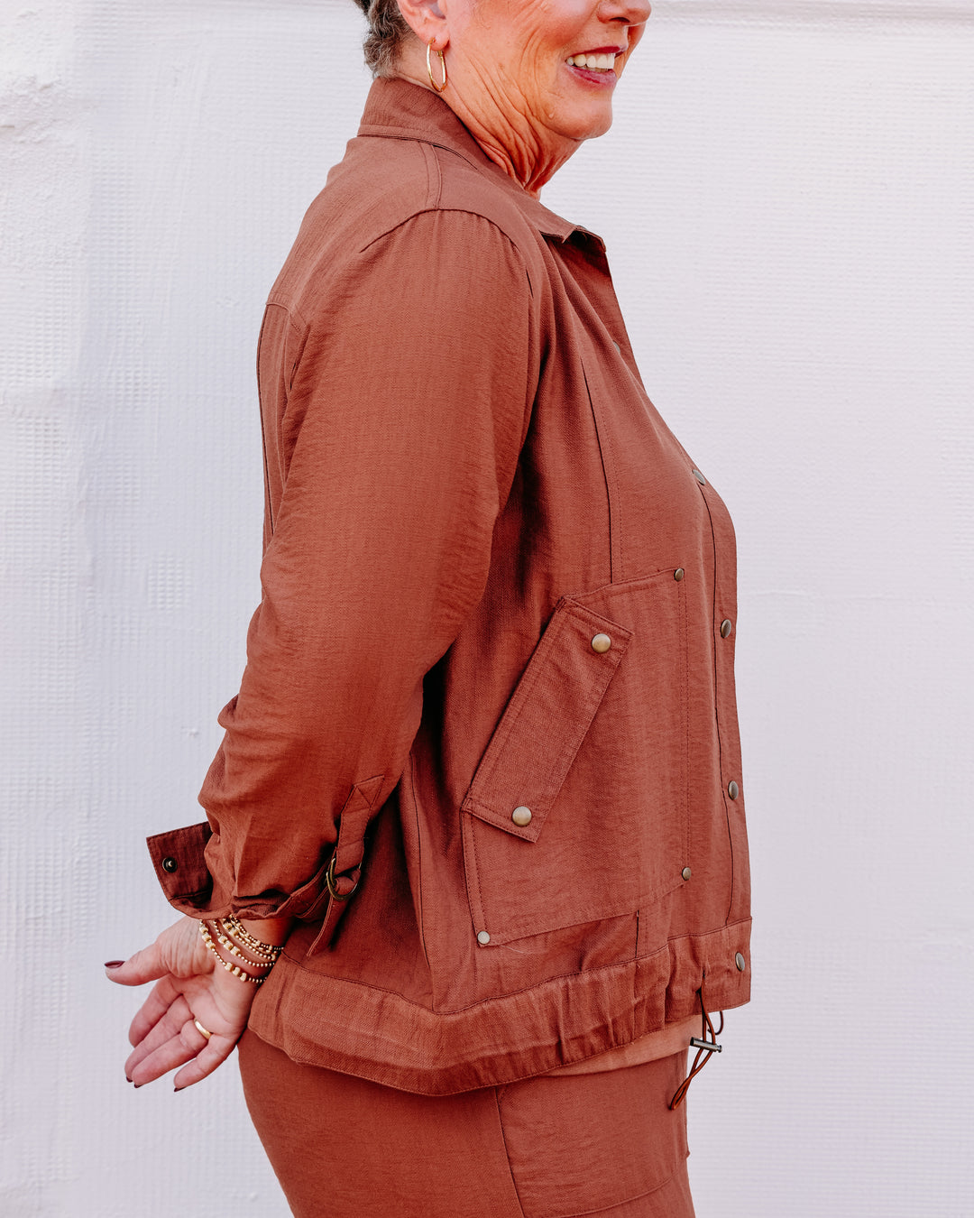 Multiples: D-Ring Roll Tab Long Sleeve Snap Front Drawstring Waist Woven Jacket in Cocoa (M36511JM)