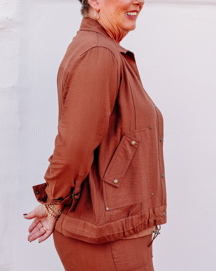 Multiples: D-Ring Roll Tab Long Sleeve Snap Front Drawstring Waist Woven Jacket in Cocoa (M36511JM)